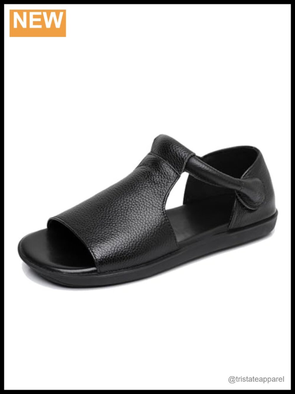 Genuine Leather Round Open Toe Flat Sandals Hook and Loop Platform